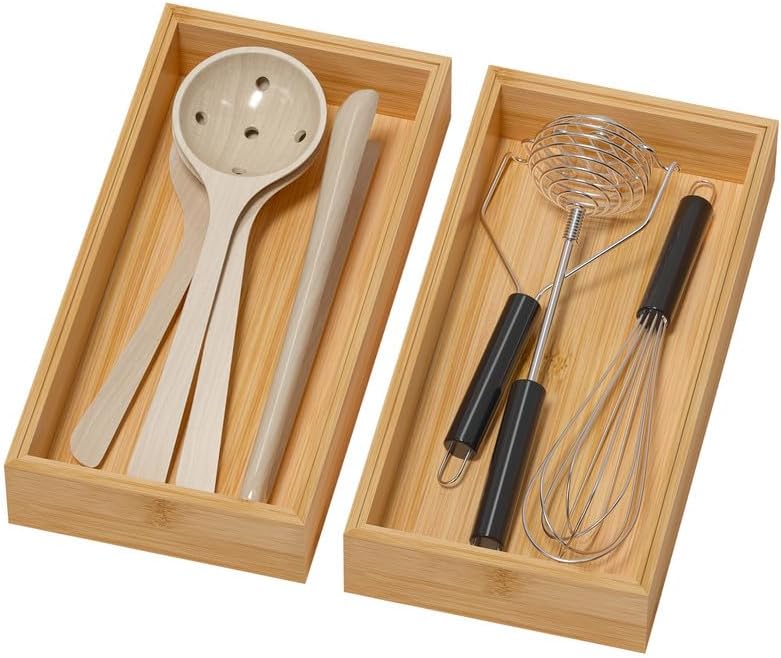 Lixple Bamboo Drawer Organizer - Silverware & Utensil Organizer, Stackable, 2 Pcs, Wooden Storage Box Tray (Bamboo, 12 X 6 X 2 Inch) - Image 1